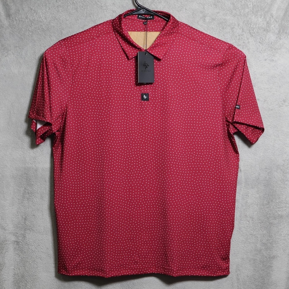 ByrdGang Polo Shirt Mens 2XL Red White Polka Dot Performance Golf Stretch Preppy
